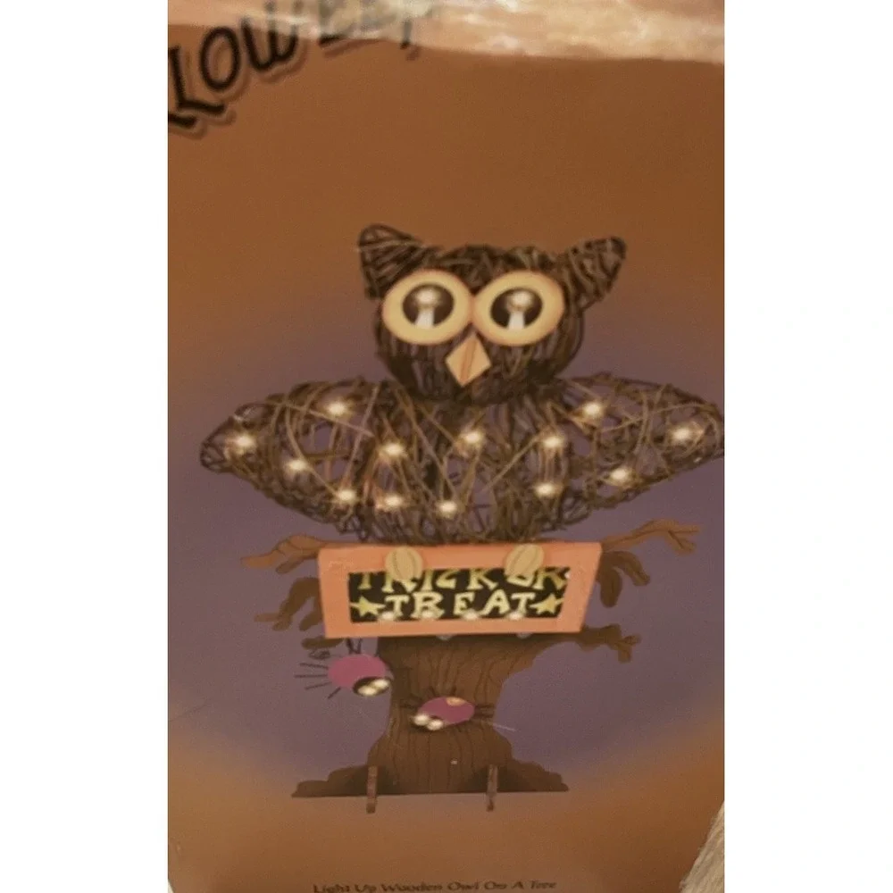Halloween Owl Lighted Trick Or Treat Decoration With Bats 24 Inches Tall in Box
